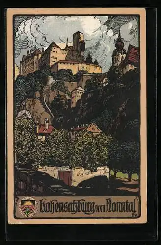 Steindruck-AK Salzburg, Blick zur Hohensalzburg, Deutscher Schulverein