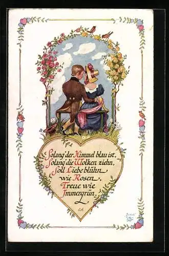 Künstler-AK Wohlgemuth & Lissner, Primus-Postkarte No. 1258, Biedermeierverse, Verliebtes Paar auf einer Bank, Herz