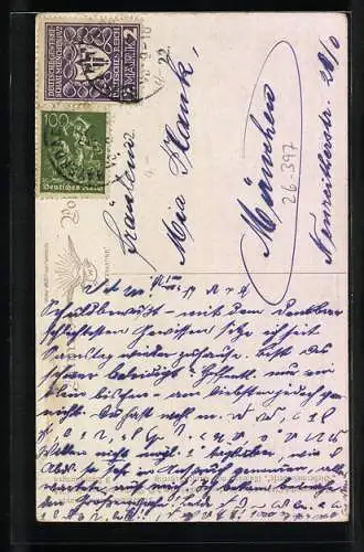 Künstler-AK Wohlgemuth & Lissner, Primus-Postkarte No. 1258, Biedermeierverse, Verliebtes Paar auf einer Bank, Herz