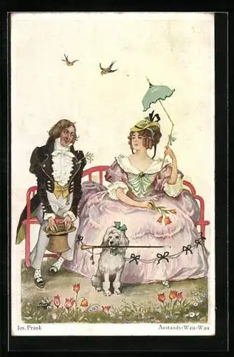 Künstler-AK Wohlgemuth & Lissner, Primus-Postkarte No. 5252, Anstands-Wau-Wau, Hund sitzt vor einem Liebespaar