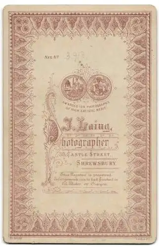 Fotografie J. Laing, Shrewsbury, 38 Castle Str., Anschrift des Ateliers im Passepartout