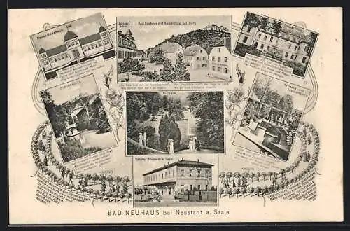 AK Bad Neuhaus bei Neustadt /Saale, Strassenpartie mit Kaiserpfalz Salzburg, Badehaus, Bahnhof Neustadt