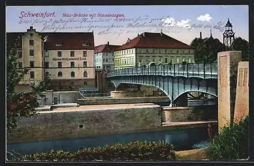 AK Schweinfurt, Partie an der Max-Brücke mit Stauanlangen