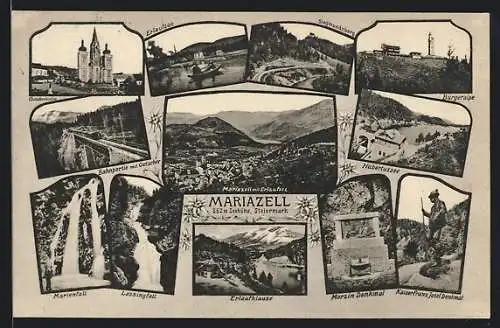 AK Mariazell, Ortsansicht mit Erlaufsee, Siegmundsberg, Bürgeralpe, Hubertussee, Kaiser Franz Josef-Denkmal u. a.