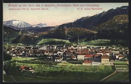 AK Bruck an der Mur, Blick vom Dürnberg mit K. K. Staats- Realschule