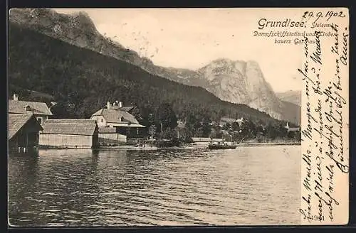AK Grundlsee, Dampfschiffstation und Lindenbauers Gasthaus