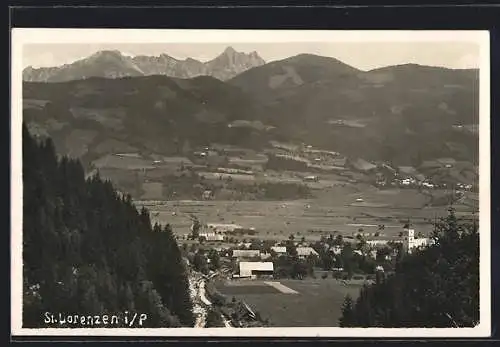 AK St. Lorenzen i. P., Totalansicht von einem Berg aus