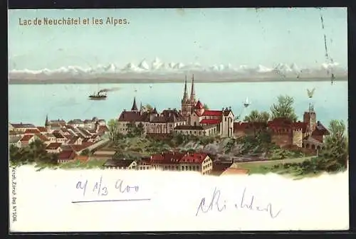 Lithographie Neuchâtel, Panorama et les Alpes, Berggesichter