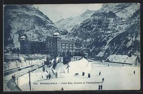 AK Grindelwald, Hotel Baer, Eisbahn & Viescherhoerner