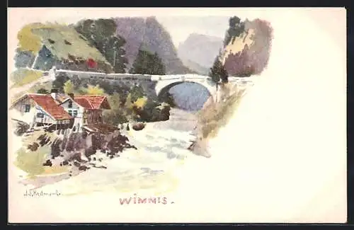 Künstler-AK Wimmis, Brücke über den Fluss