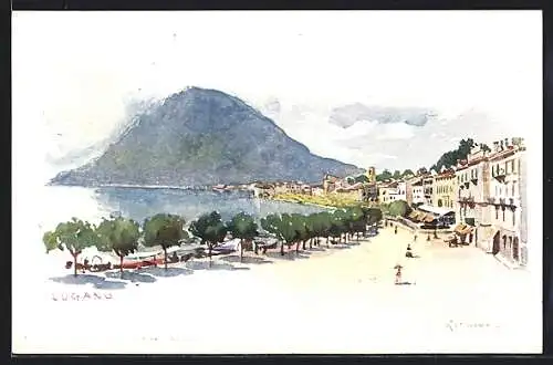 Künstler-AK Lugano, mit Bäumen gesäumte Promenade