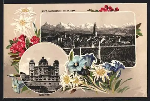 AK Bern, Kornhausbrücke und die Alpen, Bundespalast