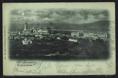 Mondschein-AK Klosterneuburg, Stadtansicht von einem Berg aus