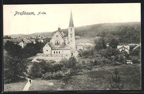 AK Pressbaum, Blick von einem Berg zur Kirche