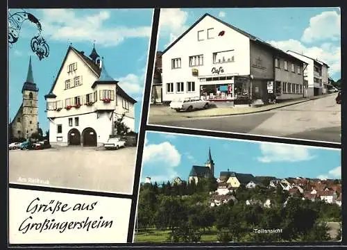 AK Grossingersheim am Neckar, Strassenpartie mit Cafe, Am Rathaus, Teilansicht