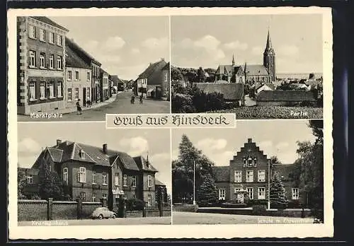 AK Hinsbeck, Ortspartie, Schule mit Ehrenmal, Krankenhaus und Marktplatz