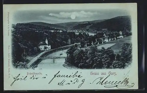 Mondschein-AK Gars, Blick zur Bründlkapelle