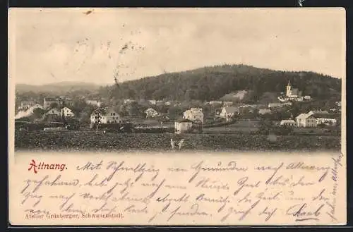 AK Attnang, Gesamtansicht der Ortschaft mit Berg im Hintergrund