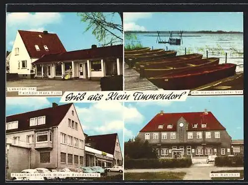 AK Klein Timmendorf, Lebensmittel-Feinkost Hans Fritz, Fleischwarenfabrik Wilhelm Brandenburg, am Bahnhof