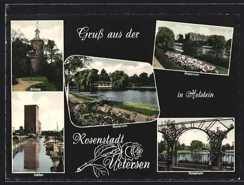 AK Uetersen, Kirche, Hafen, drei Partien im Rosarium