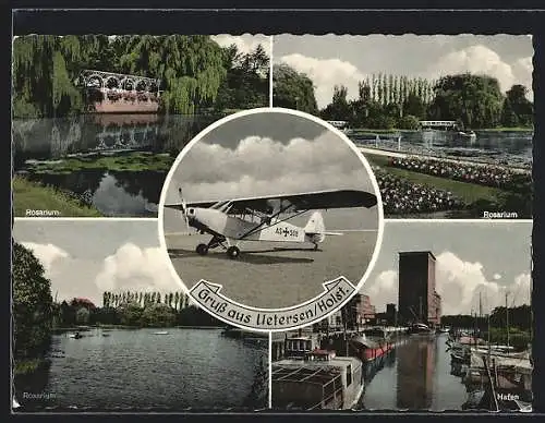 AK Uetersen /Holstein, Hafen und drei Ansichten aus dem Rosarium, Flugzeug