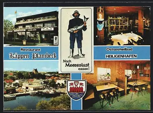 AK Heiligenhafen /Ostseeheilbad, Restaurant Käppen Plambeck in vier Ansichten mit Wappen