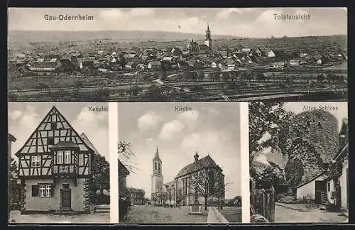 AK Gau-Odernheim, Kanzlei, Kirche, Altes Schloss, Totale der Ortschaft