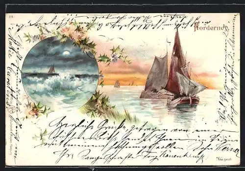 Lithographie Norderney, zwei Ansichten mit Segelbooten auf der Nordsee