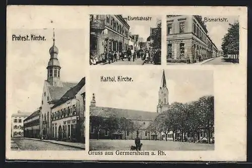 AK Germersheim a. Rh., Protest. Kirche, Eisenbahnstrasse, Bismarckstrasse, Kathol. Kirche