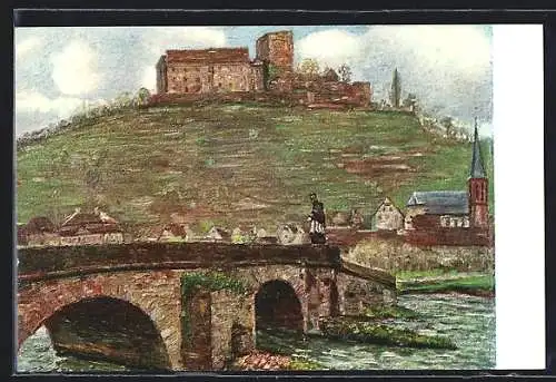 Künstler-AK Gamburg a. d. T., Ortspanorama mit Brücke und Burg