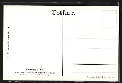 Künstler-AK Gamburg a. d. T., Ortspanorama mit Brücke und Burg