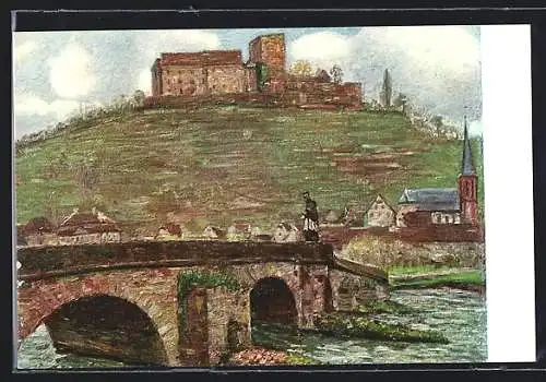 Künstler-AK Gamburg a. d. T., Ortspanorama mit Brücke und Burg