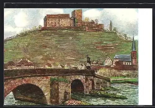 Künstler-AK Gamburg a. d. T., Ortspanorama mit Brücke und Burg