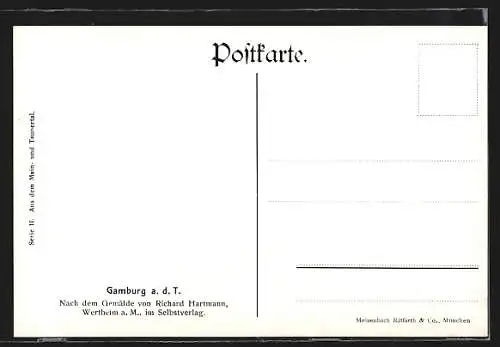 Künstler-AK Gamburg a. d. T., Ortspanorama mit Brücke und Burg