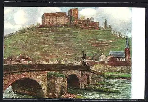 Künstler-AK Gamburg a. d. T., Ortspanorama mit Brücke und Burg