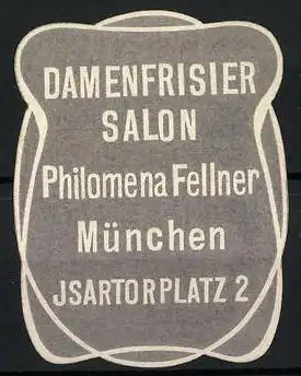 Präge-Reklamemarke München, Damenfrisier-Salon Philomena Fellner, Isartorplatz 2