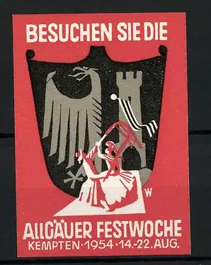 Reklamemarke Kempten, Allgäuer Festwoche 1954, Wappen mit Adler und Ritter