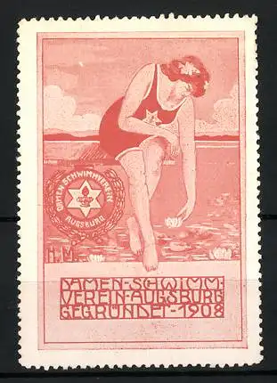 Reklamemarke Augsburg, Damen-Schwimm-Verein, gegründet 1908, Schwimmerin am See