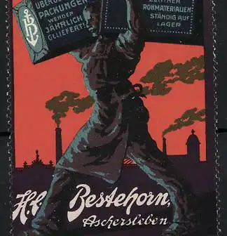 Reklamemarke Verpackungen von H. C. Bestehorn, Aschersleben, Arbeiter mit zwei grossen Schachteln, Firmenlogo