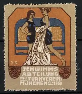 Reklamemarke München, Schwimmabteilung des Turnvereins, gegründet 1860, zwei Schwimmerinnen