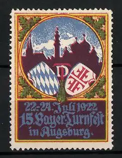 Reklamemarke Augsburg, 15. Bayer. Turnfest 1922, Stadtansicht und Wappen
