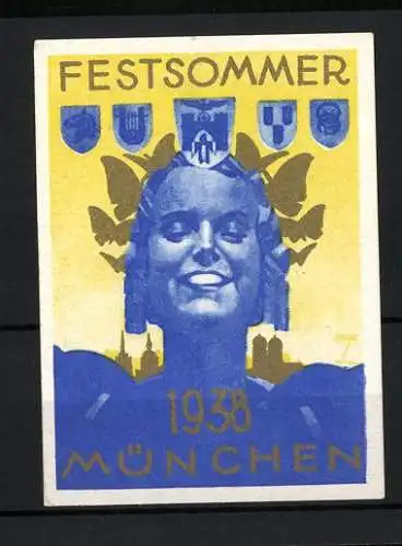 Künstler-Reklamemarke Ludwig Hohlwein, München, Festsommer 1938, Frauenplastik und Wappen