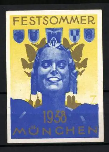 Künstler-Reklamemarke Ludwig Hohlwein, München, Festsommer 1938, Frauenplastik und Wappen