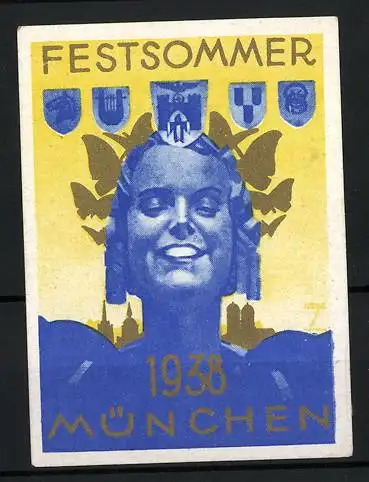 Künstler-Reklamemarke Ludwig Hohlwein, München, Festsommer 1938, Frauenplastik und Wappen