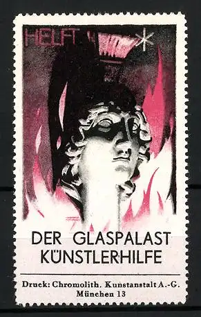 Künstler-Reklamemarke Ludwig Hohlwein, München, Helft Der Glaspalast Künstlerhilfe, Büste einer Statue