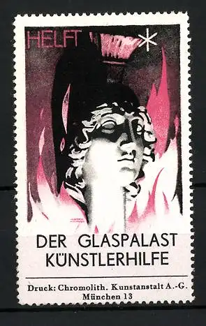 Künstler-Reklamemarke Ludwig Hohlwein, München, Helft Der Glaspalast Künstlerhilfe, Büste einer Statue