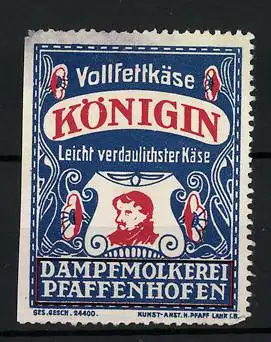 Reklamemarke Königin Vollfettkäse, leicht verdaulichster Käse, Dampfmolkerei Pfaffenhofen, Wappen