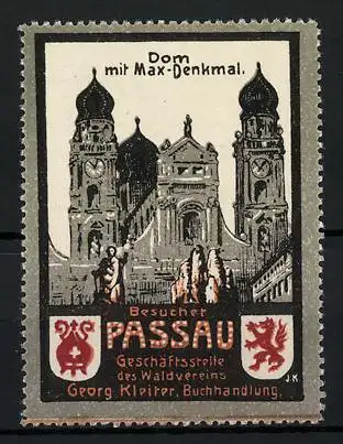 Reklamemarke Passau, Dom mit Max-Denkmal, Wappen, Buchhandlung Georg Kleiter