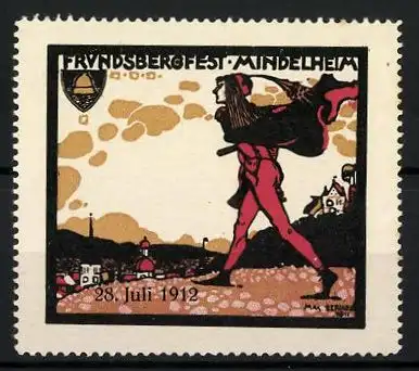 Künstler-Reklamemarke Max Beringer, Mindelheim, Frundsbergfest 1912, Wanderer am Ortsrand