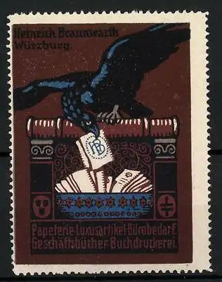 Reklamemarke Buchdruckerei Heinrich Braunwarth, Würzburg, Adler mit Buch